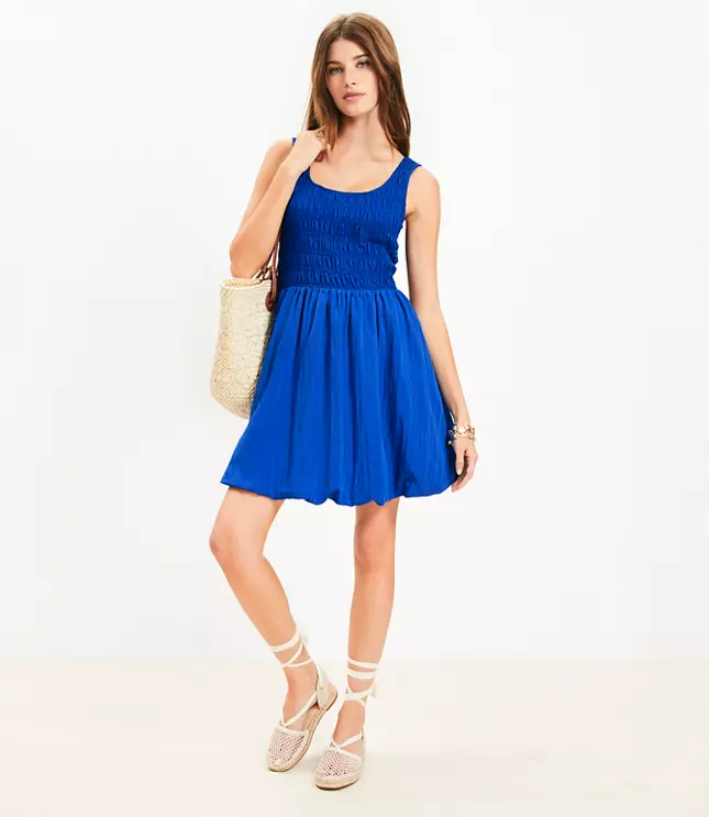 Smocked Scoop Neck Mini Pocket Dress