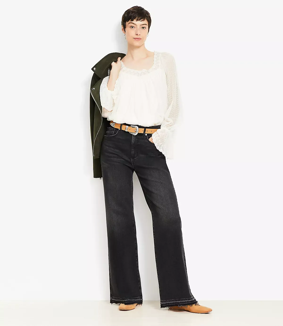 Unpicked Hem High Rise Wide Leg Jeans in Washed Black