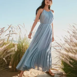 Striped Flounce Maxi Halter Dress