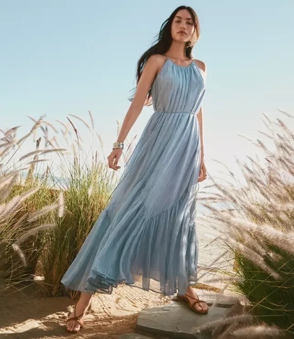 Striped Flounce Maxi Halter Dress