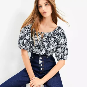 Floral Tie Neck Bubble Sleeve Top